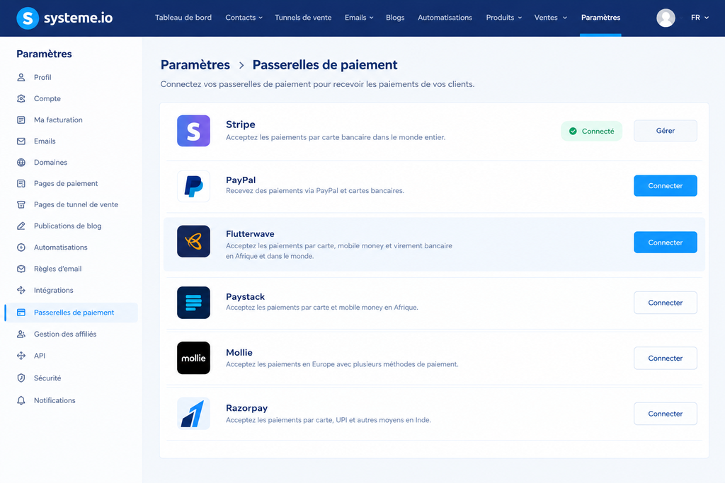 connecter Flutterwave à Systeme.io